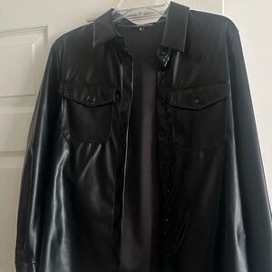 Black Faux Leather Shirt Jacket